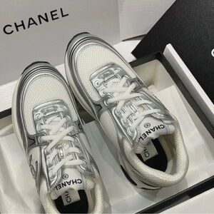 CHANEL Women's Metallic Silver and White Sneakers